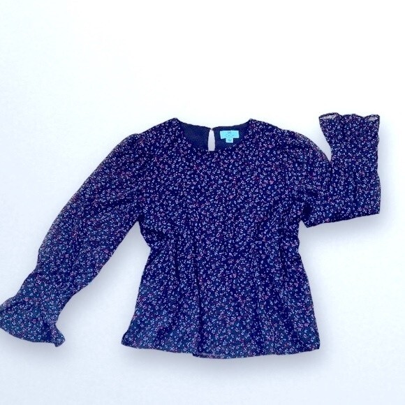 CeCe black floral long sleeve with velvet dot women blouse top large - Picture 2 of 11